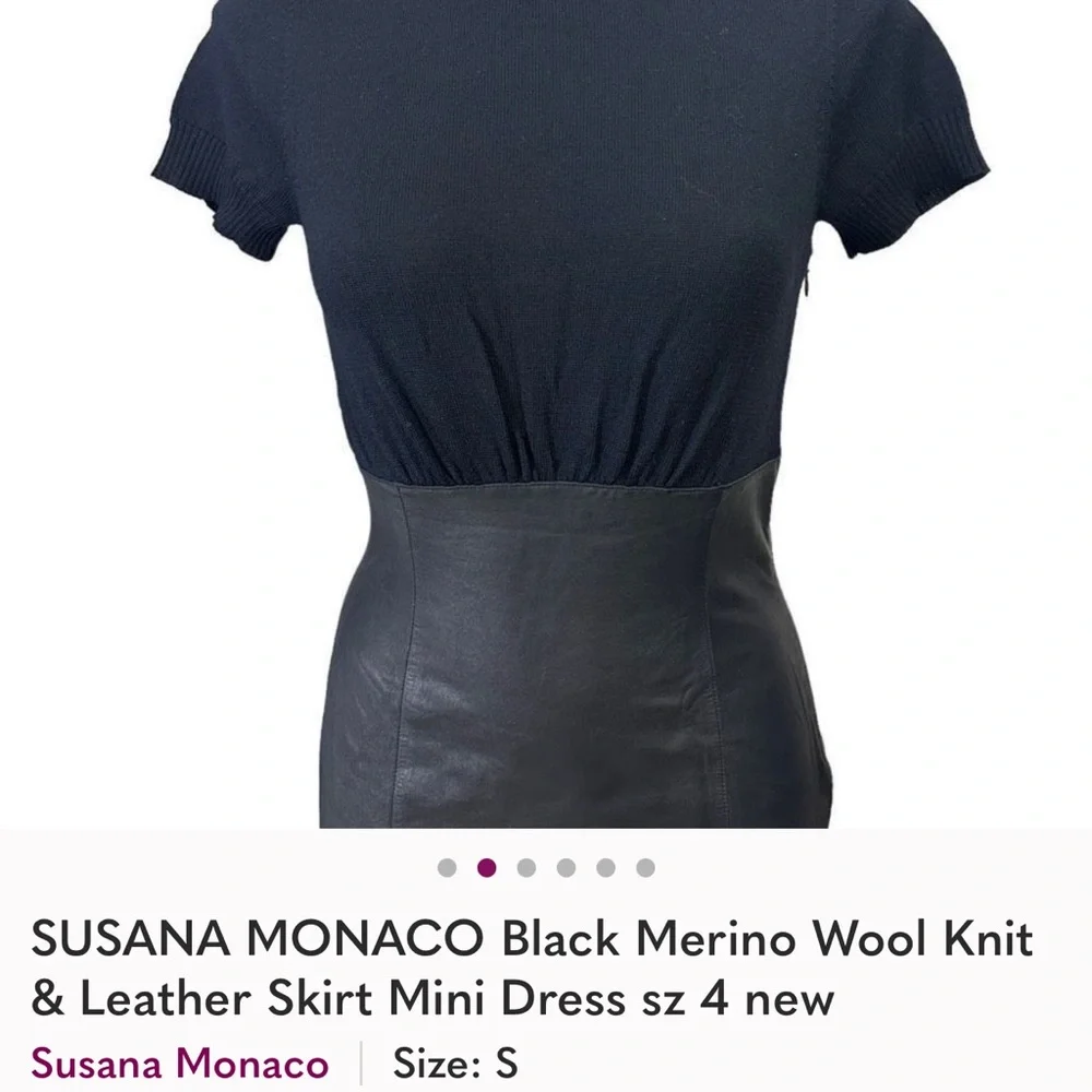 SUSANA MONACO Black Merino Wool Knit & Leather Skirt Mini Dress sz S - Picture 3 of 6